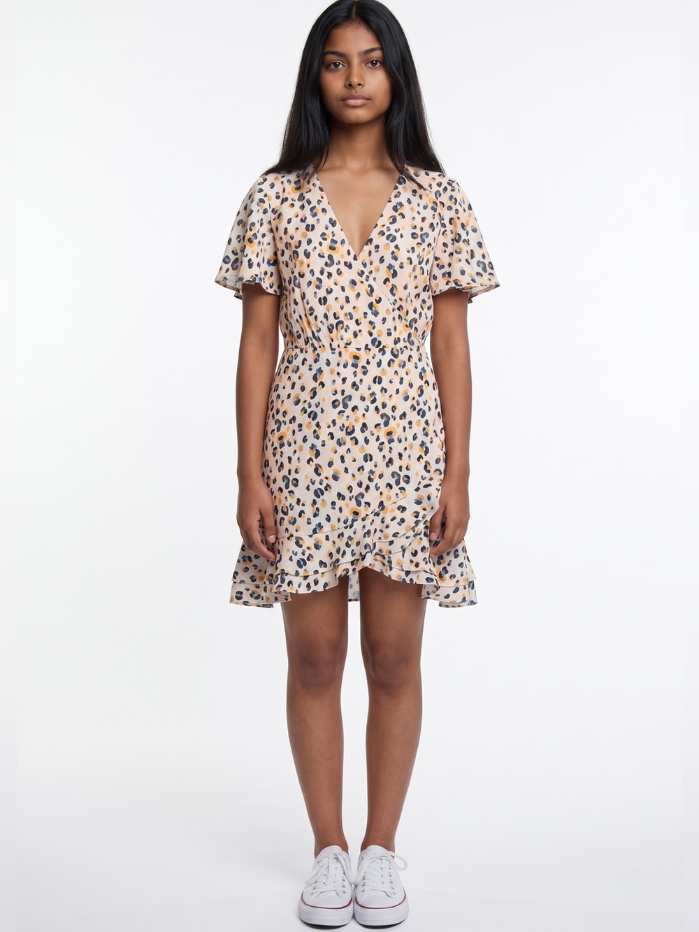 Sadie & Sage Cream with Black Leopard Print Wrap Dress